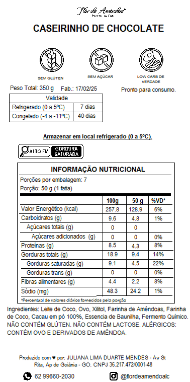 Bolo Caseirinho de Chocolate - Flor de Amendoa - Produtos Low Carb