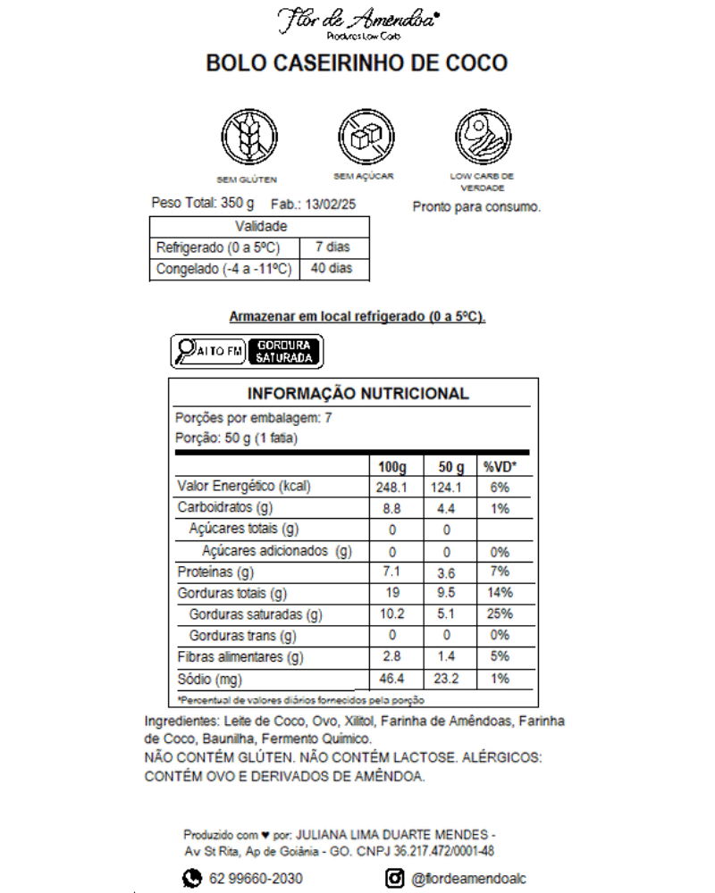 Bolo Caseirinho de Coco - Flor de Amendoa - Produtos Low Carb