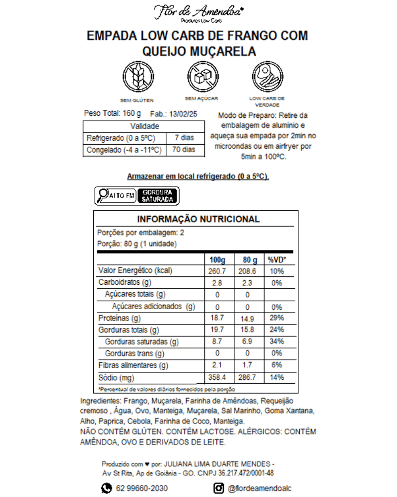 Empada Low Carb de Frango com Queijo Muçarela (pacote com 2) - Flor de Amendoa - Produtos Low Carb