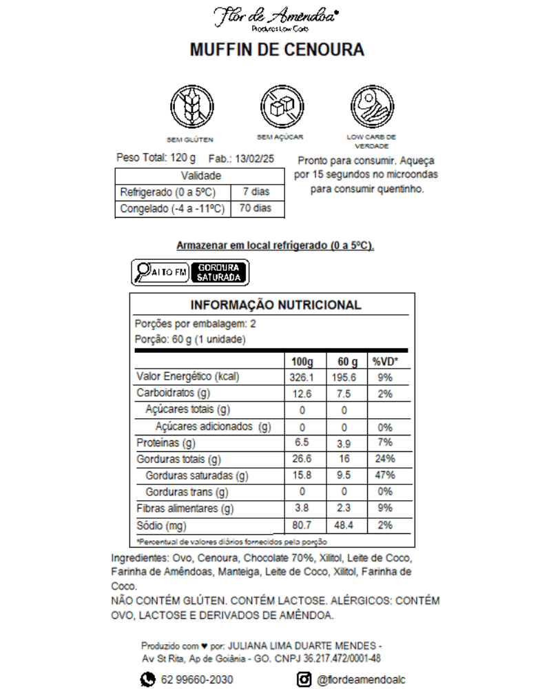 Muffin de Cenoura (pacote com 2) - Flor de Amendoa - Produtos Low Carb