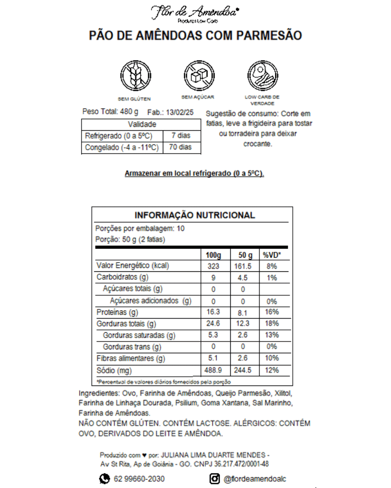 Pão de Amêndoas com Parmesão - Flor de Amendoa - Produtos Low Carb