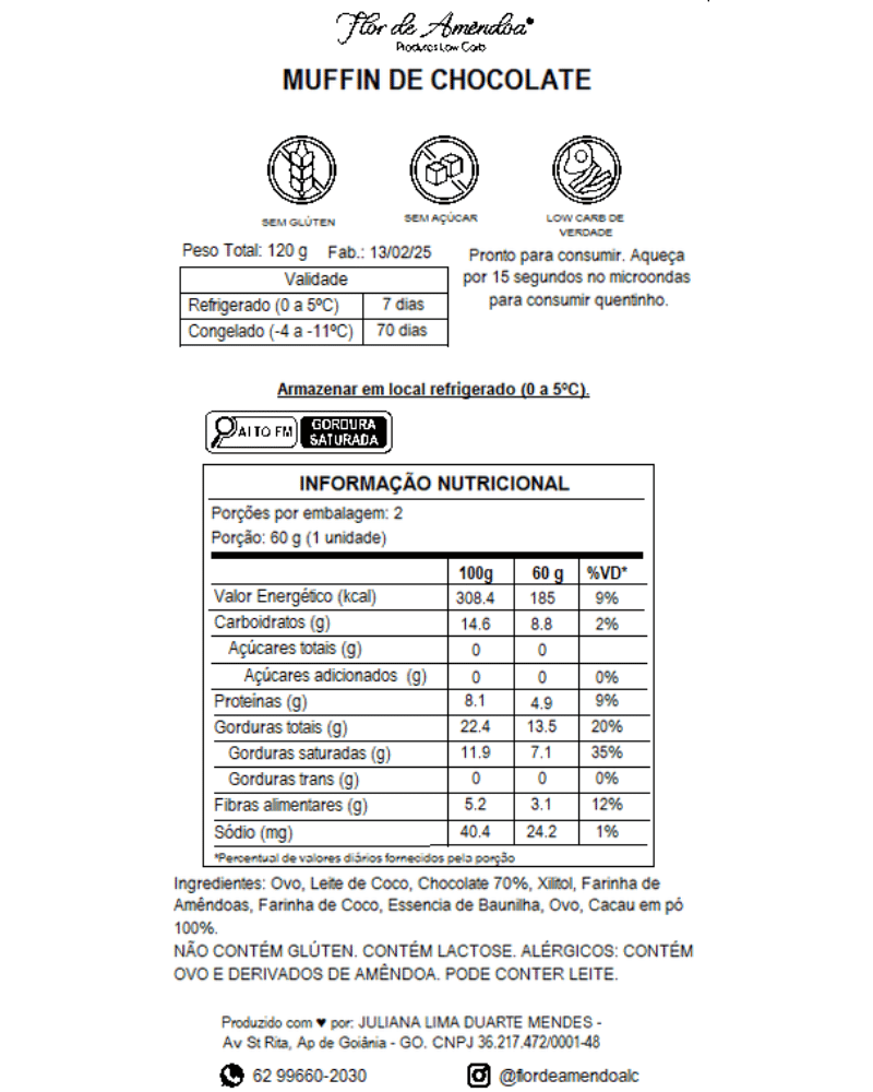 Muffin de Chocolate 70% (pacote com 2) - Flor de Amendoa - Produtos Low Carb